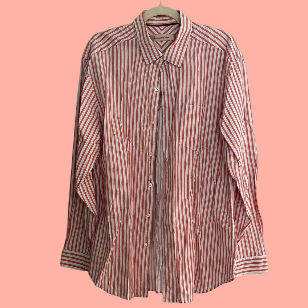 ☀️ Tommy Bahama Orange and White Striped Casual Button Down Shirt
